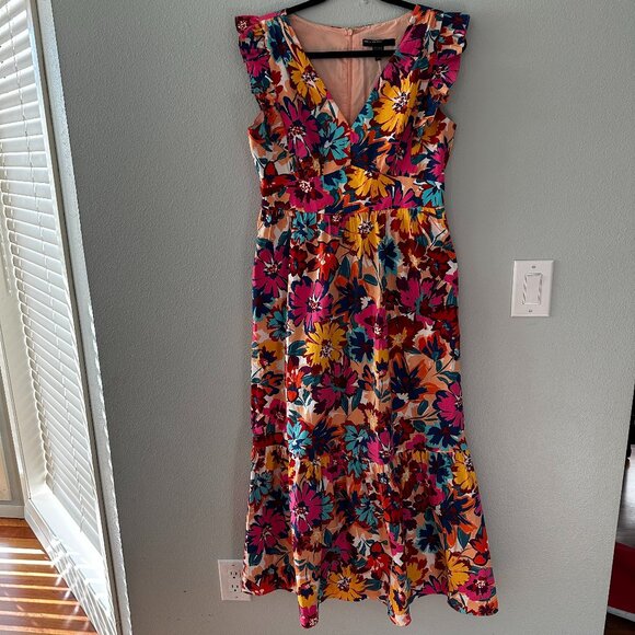 Maggy London Maxi Dress Women's 8 Floral Tropical Tiered Flutter Sleeve Cotton - Picture 1 of 9